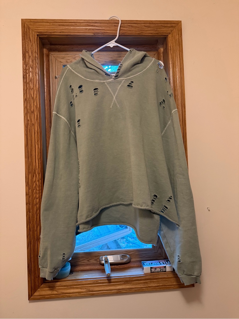 Women's Distressed Sage Green Hoodie Sweater - Relaxed Cowl Neck